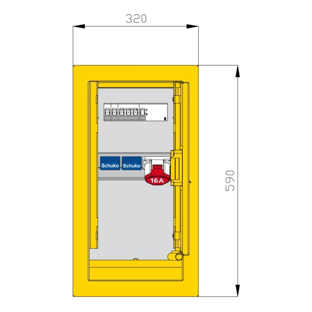 Elektrische Schaltschrank-Diagramm mit Abmessungen: 320 mm Breite, 590 mm Höhe, mit Sicherungen und Schuko-Steckdosen, beschriftet mit '16A'.