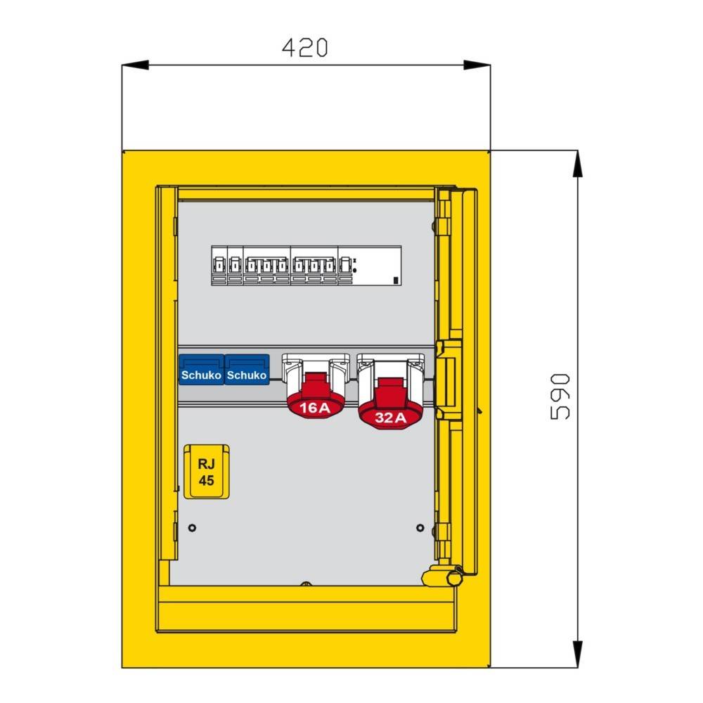 Elektroverteilerdose mit Schuko-Steckdosen, 16A- und 32A-Anschlüssen sowie RJ45; Abmessungen 420 mm Breite, 590 mm Höhe.