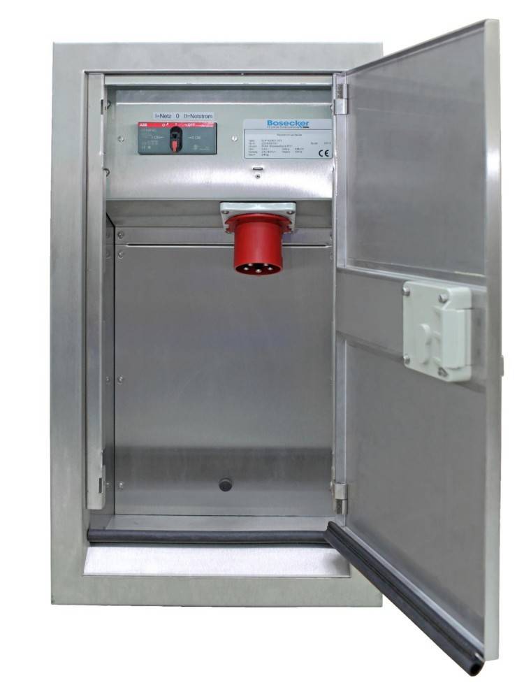 Eine offene Metallrutsche mit einem roten Sensor im Inneren, möglicherweise für die Abfallentsorgung oder Wäsche. Die Tür verfügt über ein Bedienfeld mit Beschriftungen.