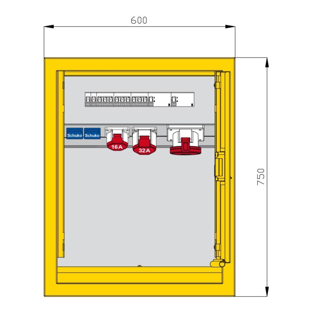 Ein rechteckiges Elektropanel misst 600x750mm und verfügt über Sicherungsautomaten sowie drei Steckdosen mit den Bezeichnungen 'Schuko', '16A' und '32A'.
