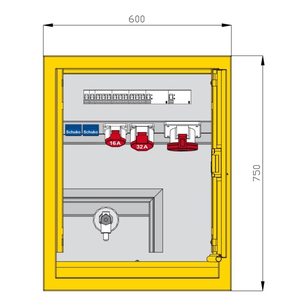 Elektrische Verteilertafel mit Abmessungen 600x750 mm. Enthält acht Leitungsschutzschalter, zwei Schuko-Steckdosen sowie 16A- und 32A-Steckdosen.