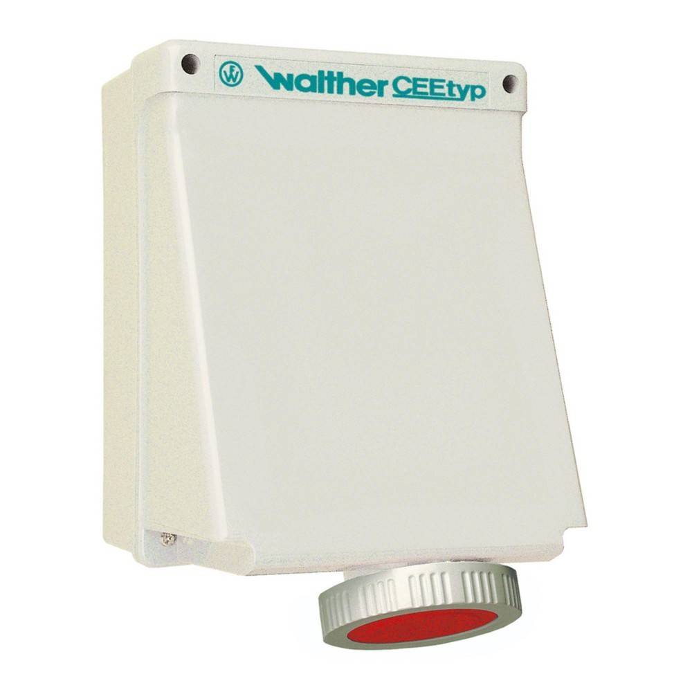 Walther CEEtyp' Elektro-Steckdose mit weißer Abdeckung und rotem Grundkreis, für industrielle Anwendungen entwickelt.