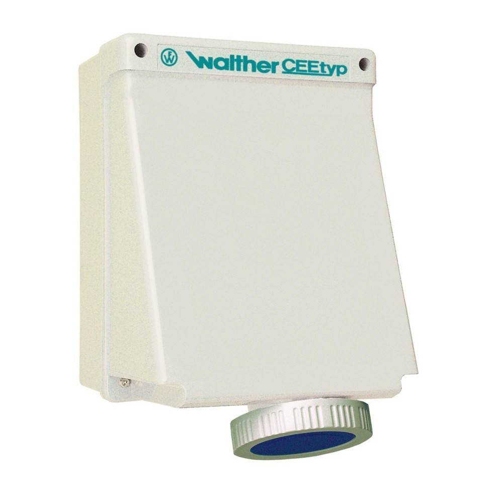 Walther CEEntyp' Steckdosenabdeckung, schräg von der Seite gezeigt, wobei sein robustes Design und die Schutzfunktionen deutlich werden.