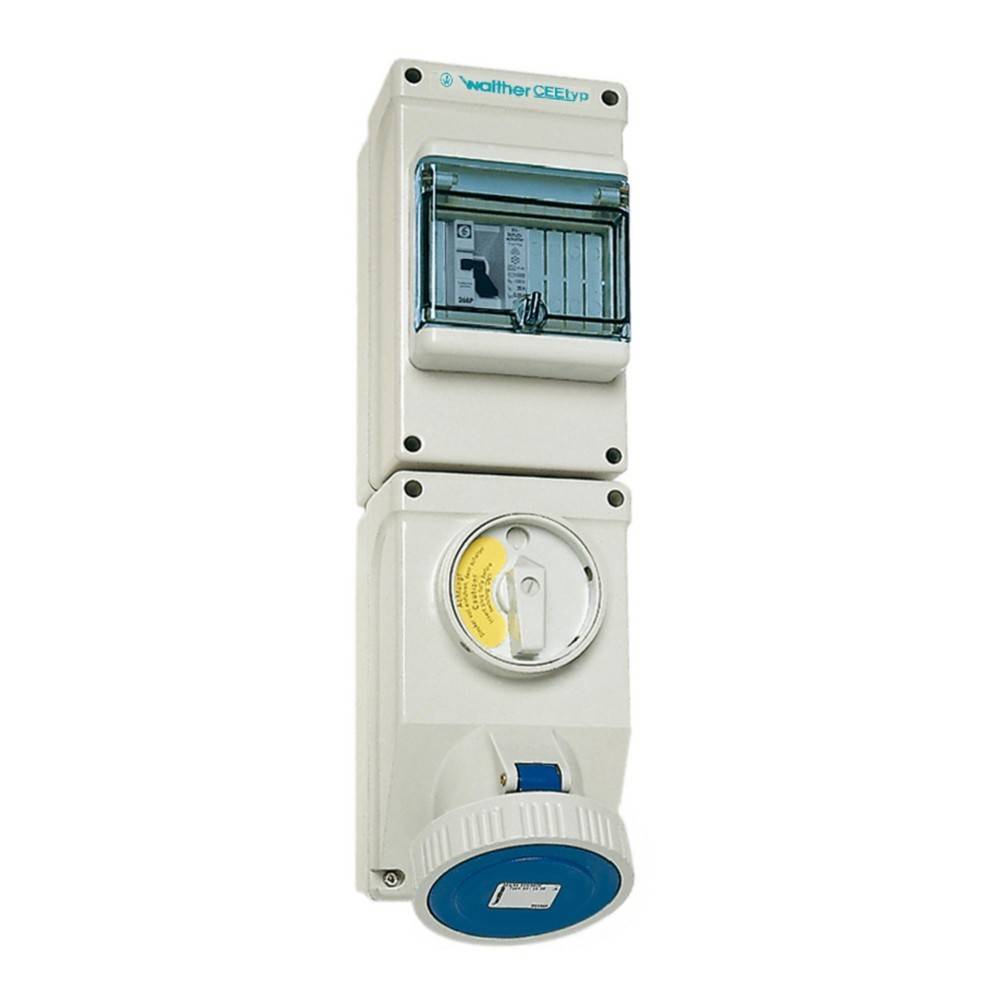 Elektrische Verteilerdose mit einem Sicherungsautomaten und einem Drehschalter, verwendet zur Stromsteuerung und -verteilung, an einer Wand montiert.