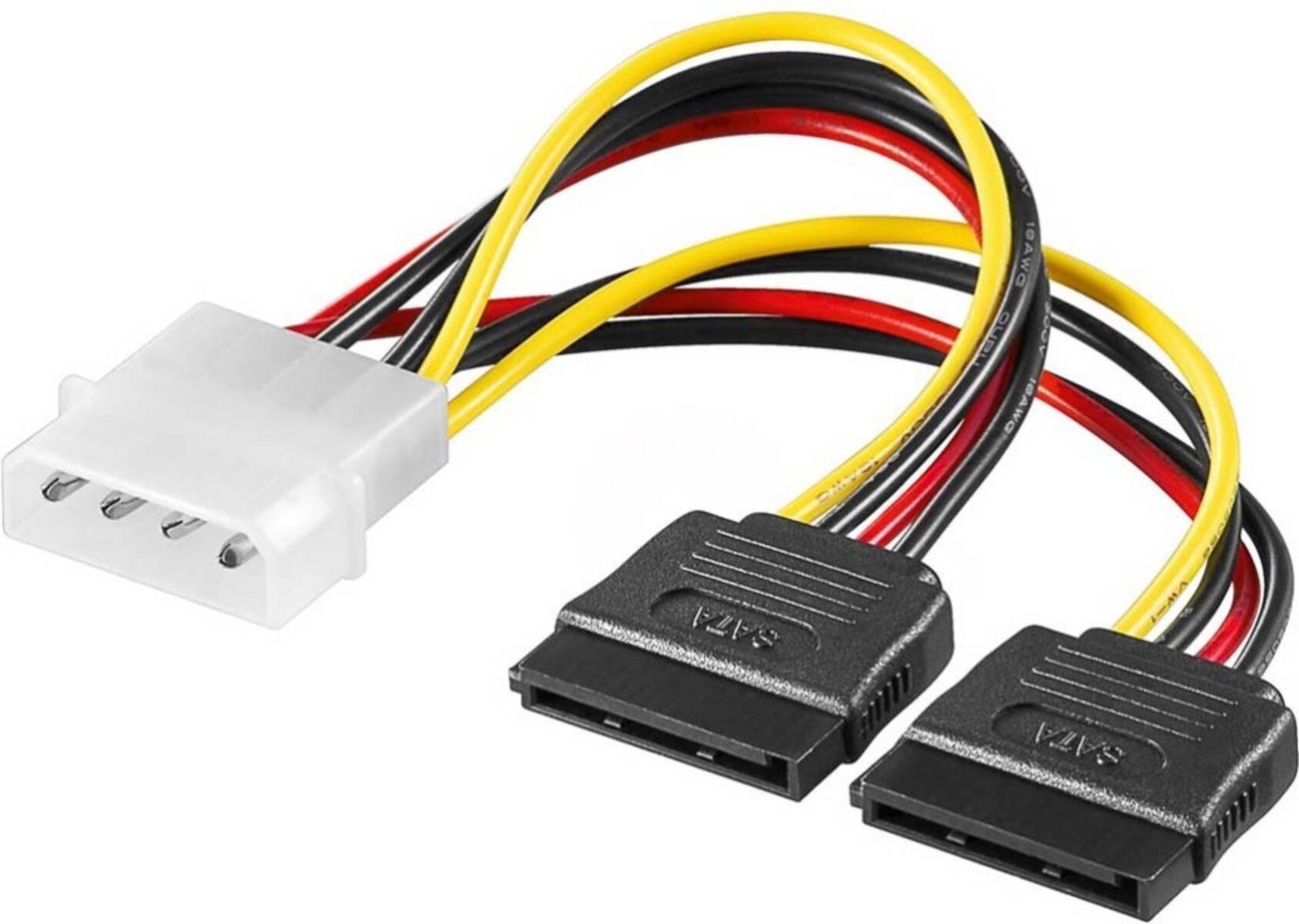 Molex-Stromverteilerkabel mit einem weißen 4-poligen Stecker und zwei schwarzen SATA-Stromsteckern.