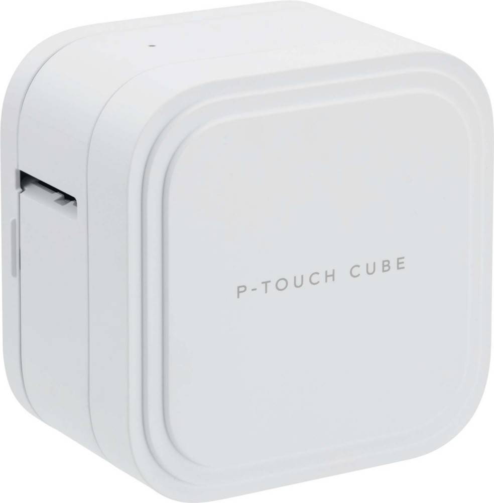 P-TOUCH CUBE Beschriftungsgerät, kompakt und quadratisch, in Weiß.
