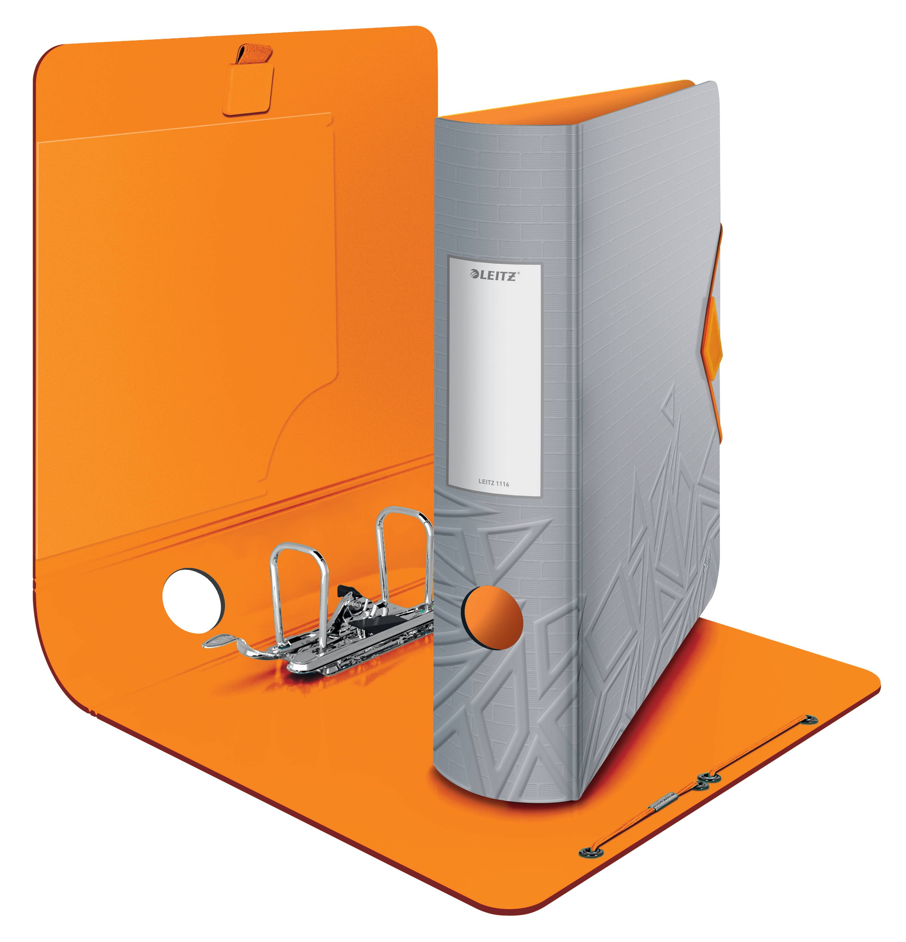 Orange und grauer Ringordner mit Klemmschiene, der auf einer orangen Basis offen steht und Metallbinderinge sowie ein Leitz-Etikett zeigt.
