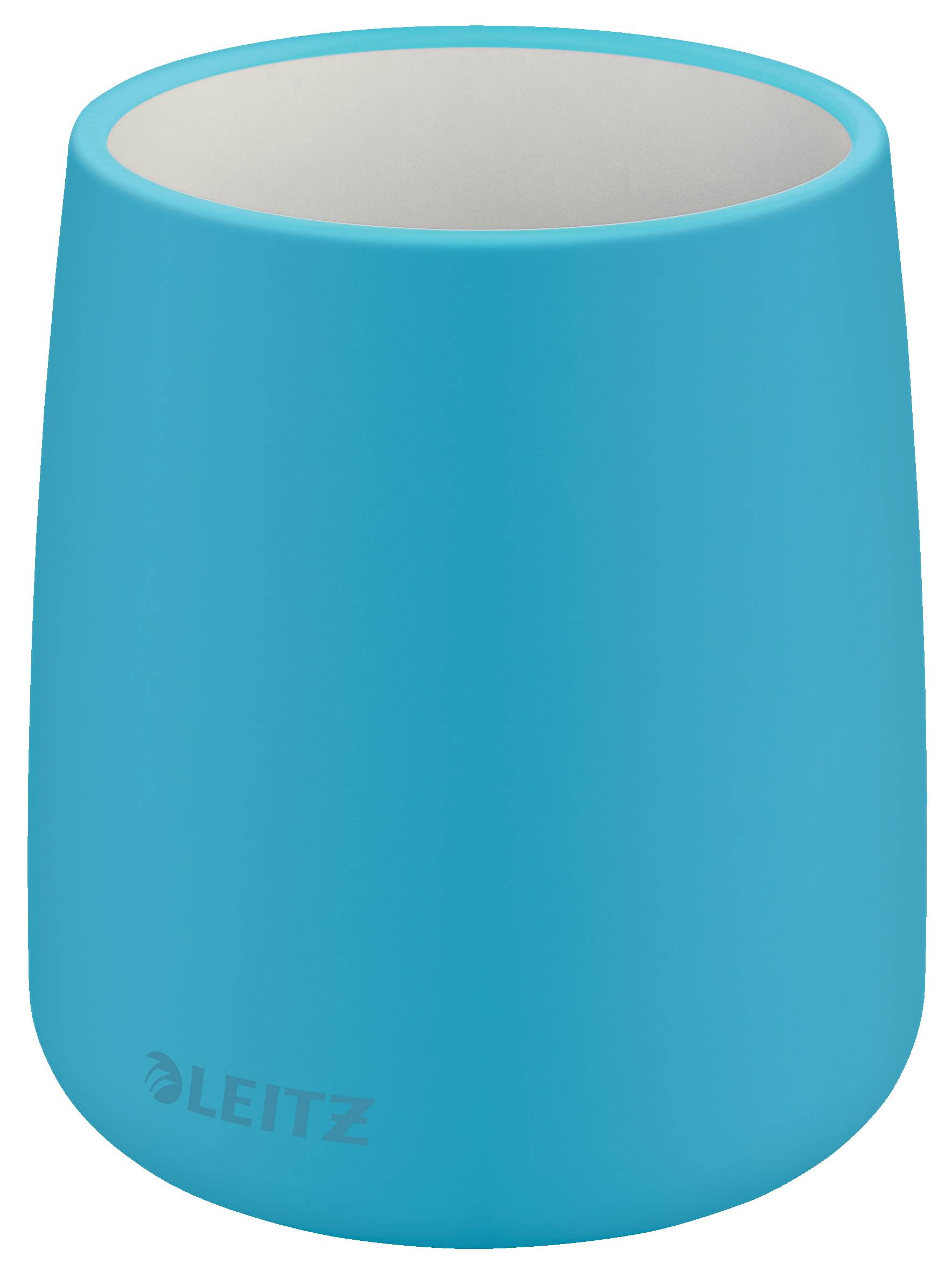 Blauer zylindrischer Schreibtisch-Stifthalter mit offener Oberseite und Leitz-Logo in der Nähe des unteren Endes.