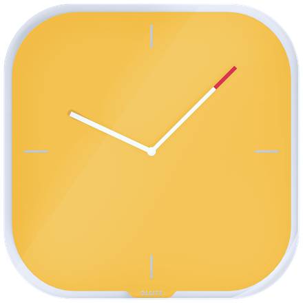 Gelbes quadratisches Uhr-Symbol mit weißen Zeigern, die eine Zeit von etwa 10:10 anzeigen.