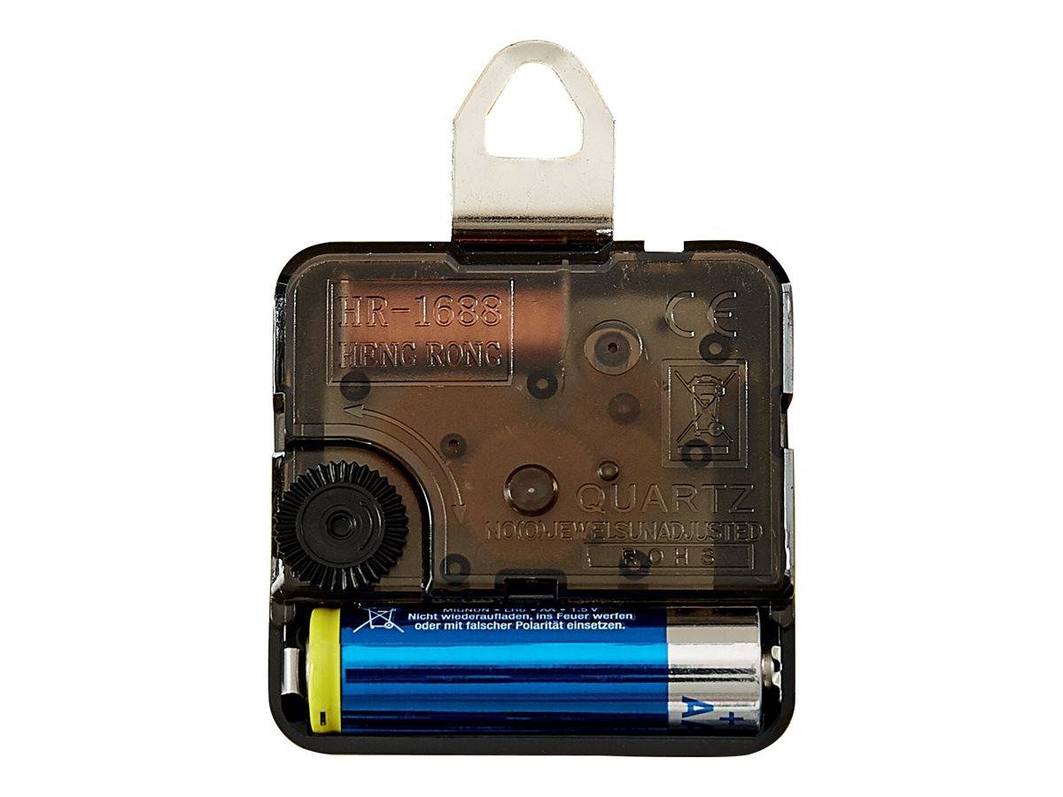 Batteriebetriebenes Quarzuhrenwerk-Mechanismus in einem schwarzen Kunststoffgehäuse mit Aufhängelaschen, in Vorderansicht mit installierter AA-Batterie gezeigt.