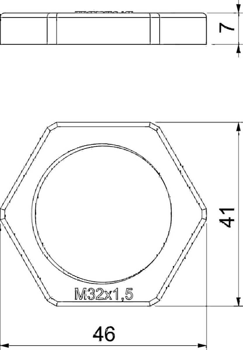 Technische Zeichnung einer sechseckigen Mutter mit einem kreisrunden Loch, beschriftet mit 'M32x1.5'. Die Mutter hat eine Höhe von 41 Einheiten.