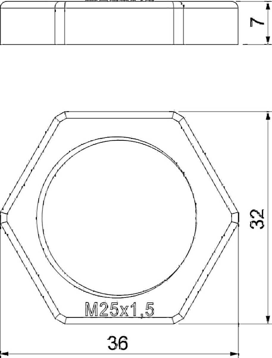 Technische Zeichnung einer Sechskantmutter, Draufsicht, beschriftet mit 'M25x1.5', mit einer ungefähren Höhe von 32 Einheiten.