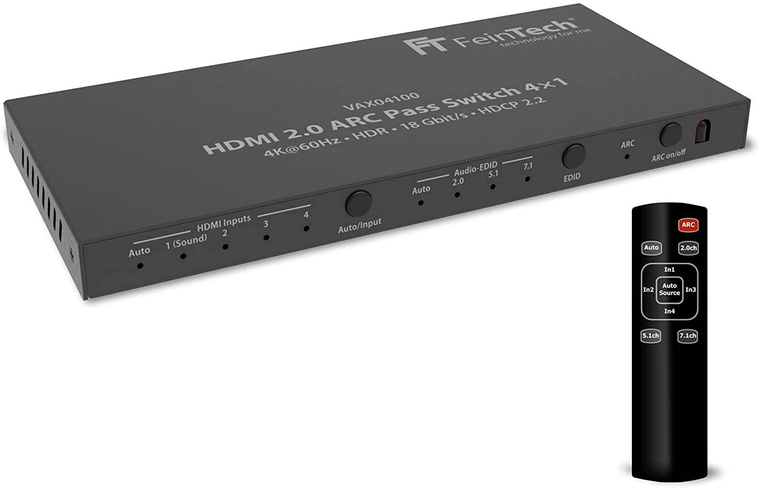 FeinTech VAX04100 HDMI 2.0 ARC Pass Switch 4x1 für TV, Soundbar und 3 Quellen