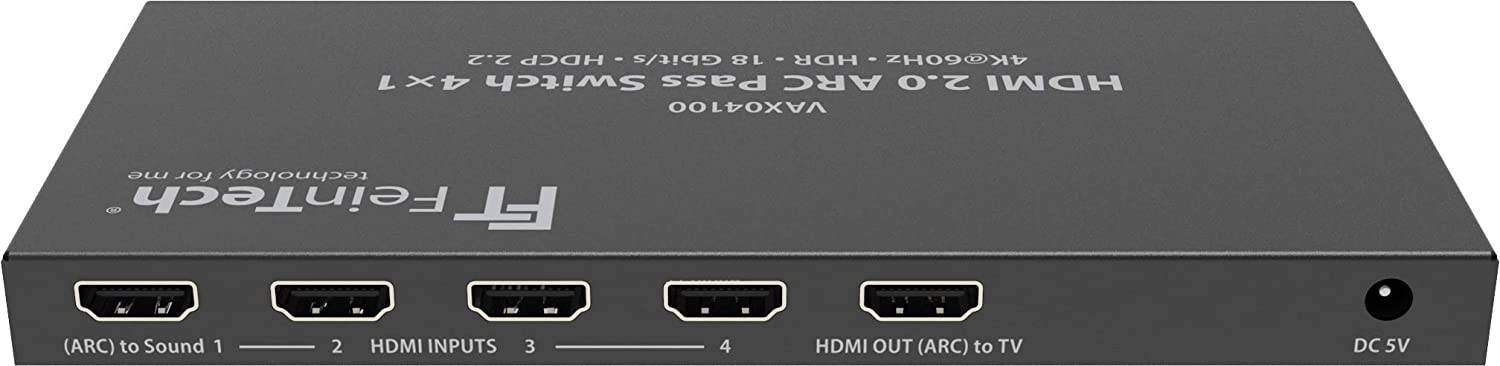 FeinTech VAX04100 HDMI 2.0 ARC Pass Switch 4x1 für TV, Soundbar und 3 Quellen