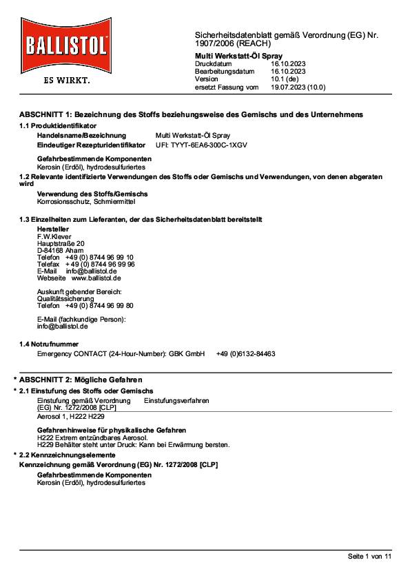 Multi-Werkstattöl 400ml Spraydose BALLISTOL