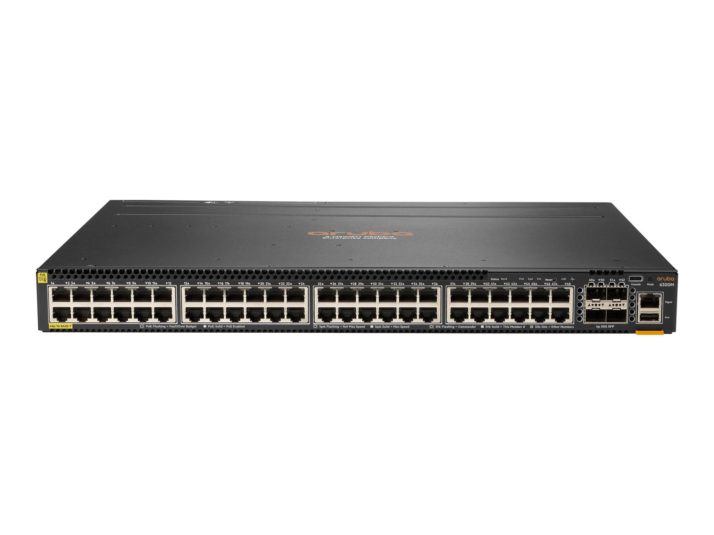 Vorderansicht eines 48-Port-Ethernet-Netzwerk-Switches mit mehreren RJ45-Anschlüssen und zwei Uplink-Ports auf der rechten Seite.