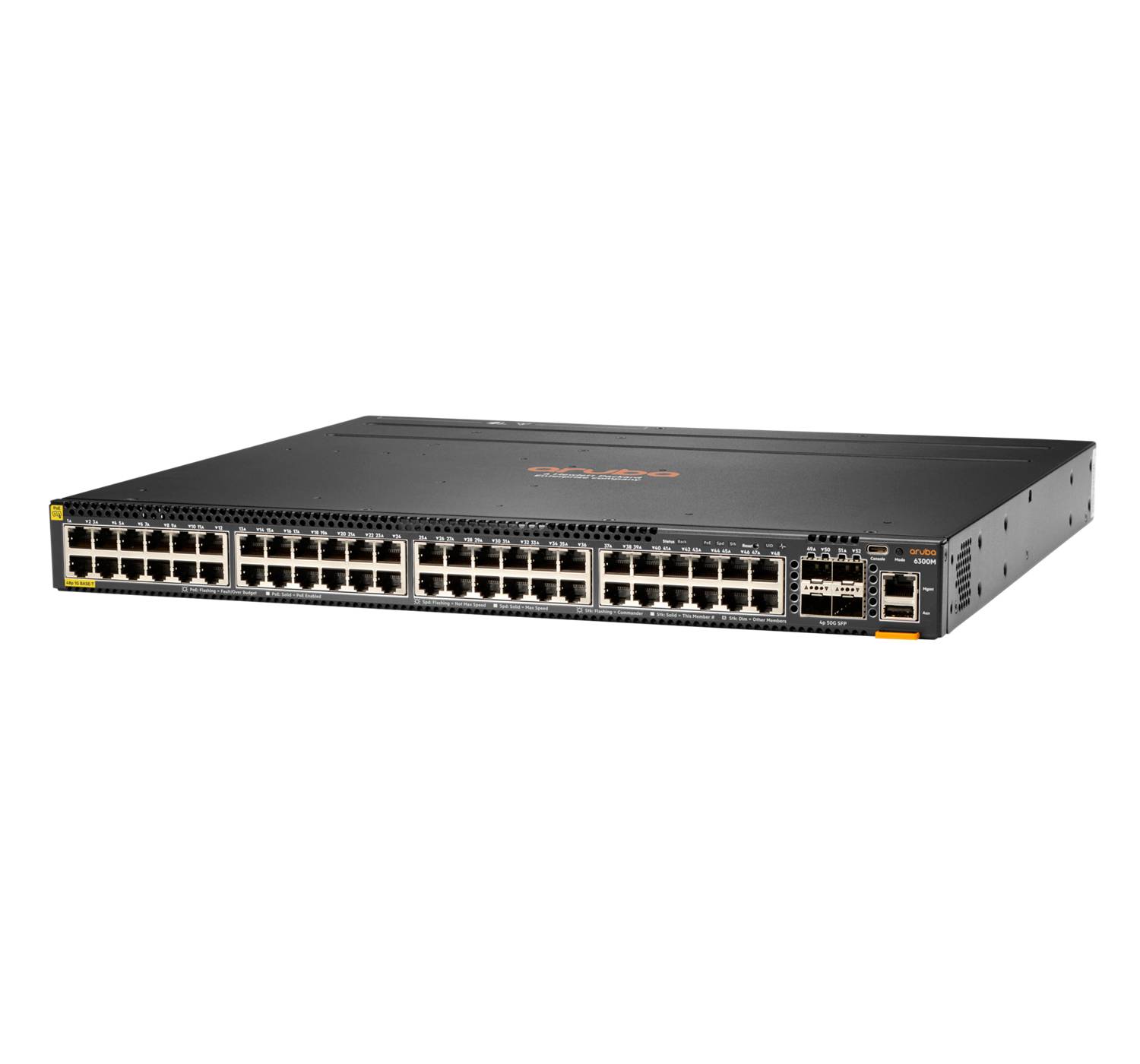 Vorderansicht eines Rack-Mount-Netzwerk-Switches mit dutzenden Ethernet-Anschlüssen und einigen Uplink-Anschlüssen auf der rechten Seite, dargestellt auf weißem Hintergrund.