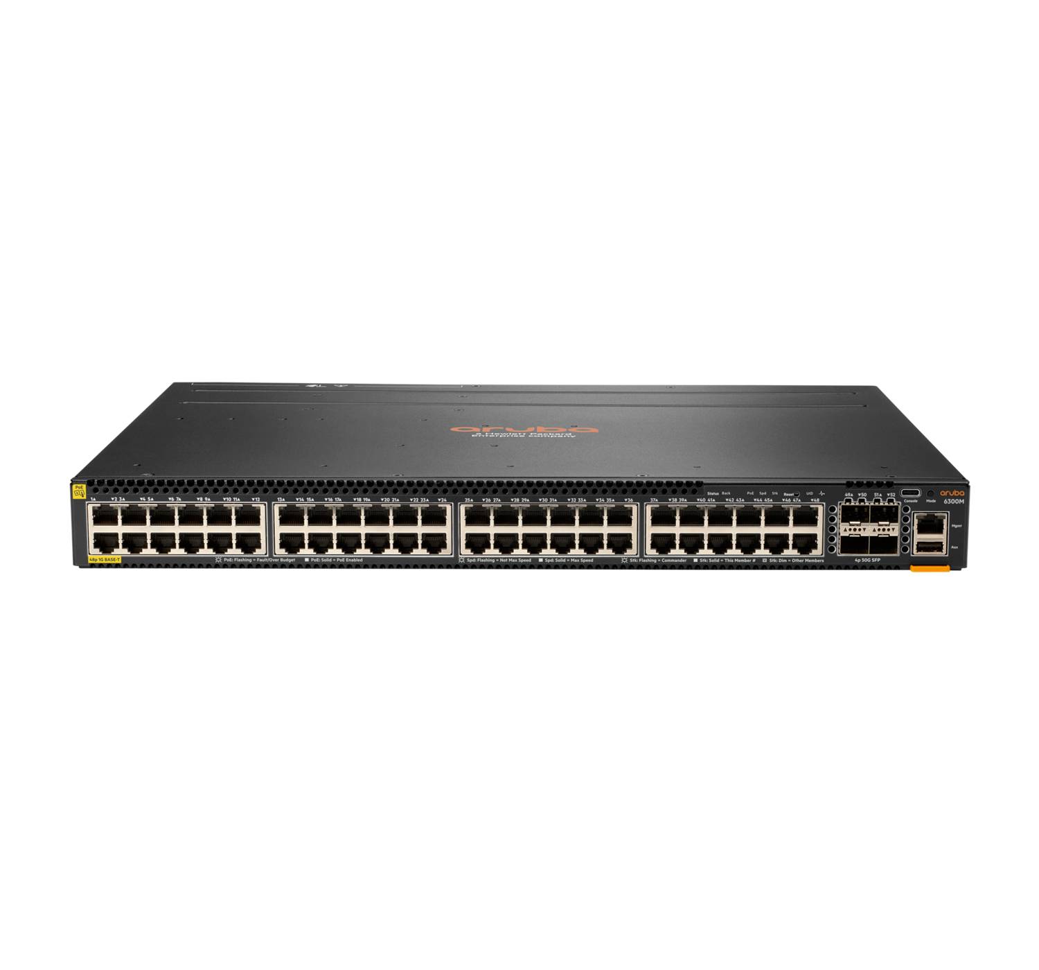Frontansicht eines in einem Rack montierten Netzwerk-Switches mit vielen Ethernet-Anschlüssen und zwei SFP-Uplink-Anschlüssen auf weißem Hintergrund.