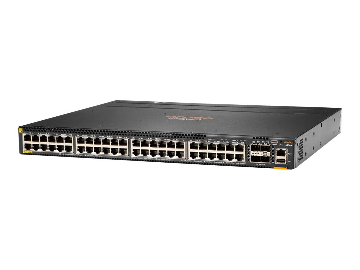 Vorderansicht eines schwarzen Netzwerk-Switches mit vielen Ethernet-Anschlüssen und zwei kleinen Uplink-Anschlüssen auf der rechten Seite.
