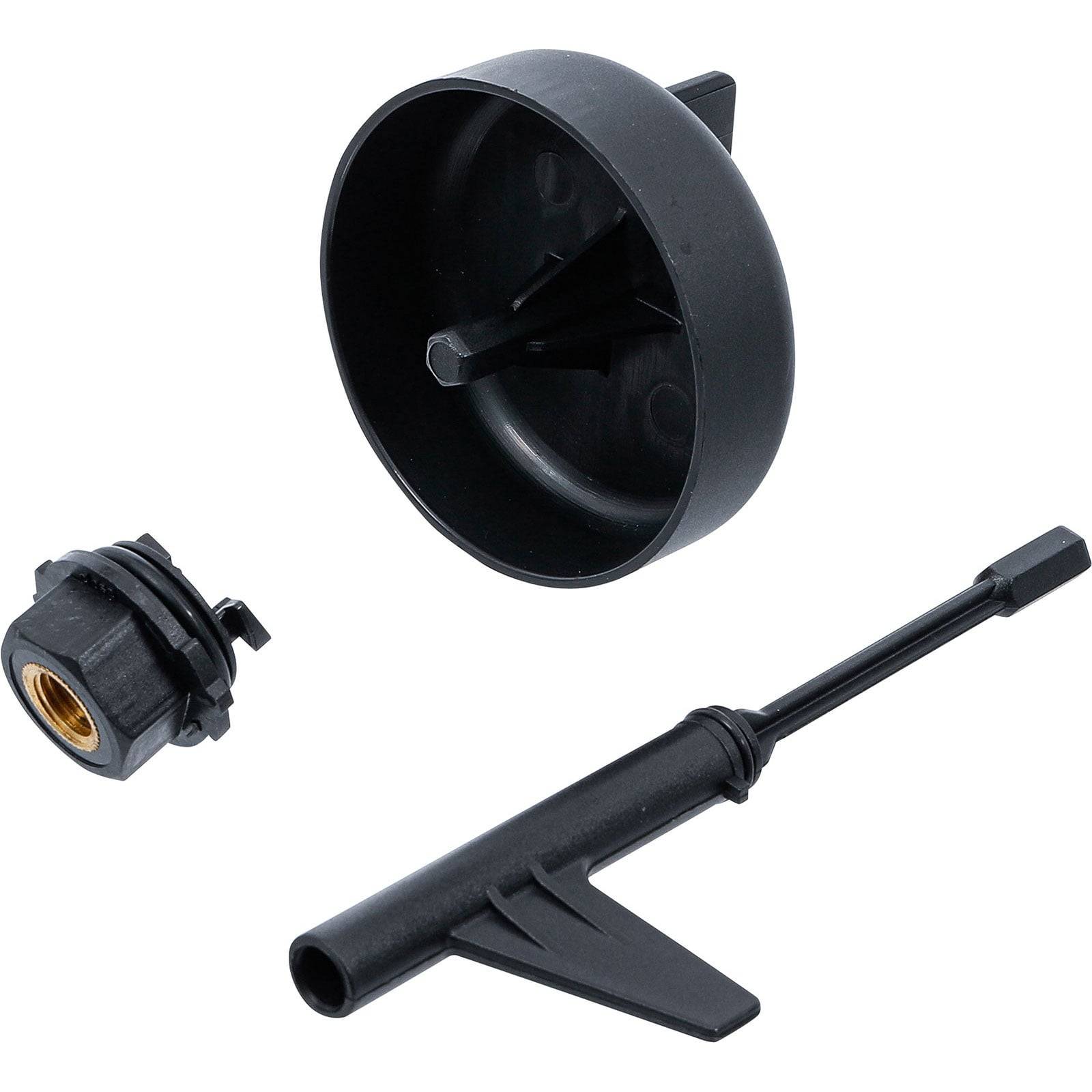 Drei schwarze mechanische Komponenten: eine runde Halterung mit einer Vorsprung, ein zylindrisches Stück mit einem Metalleinsatz und eine lange Stange mit Flossen.