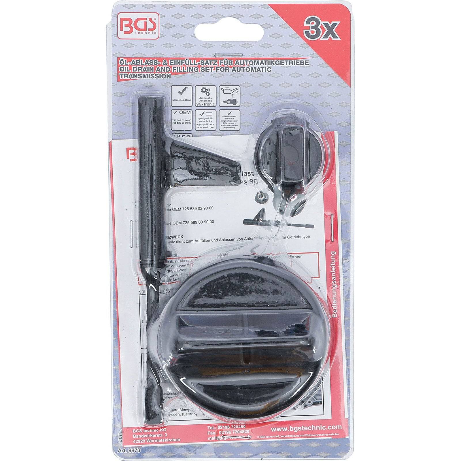 Verpackung mit Ölablauf- und Befüllset für Automatikgetriebe, mit der Bezeichnung '3x', mit drei sichtbaren Komponenten.