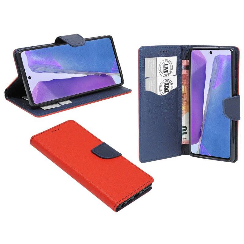 Buchtasche "Fancy" für SAMSUNG GALAXY NOTE 20 (N980F) Handy Hülle Schutzhülle mit Standfunktion, Kartenfach Rot-Blau