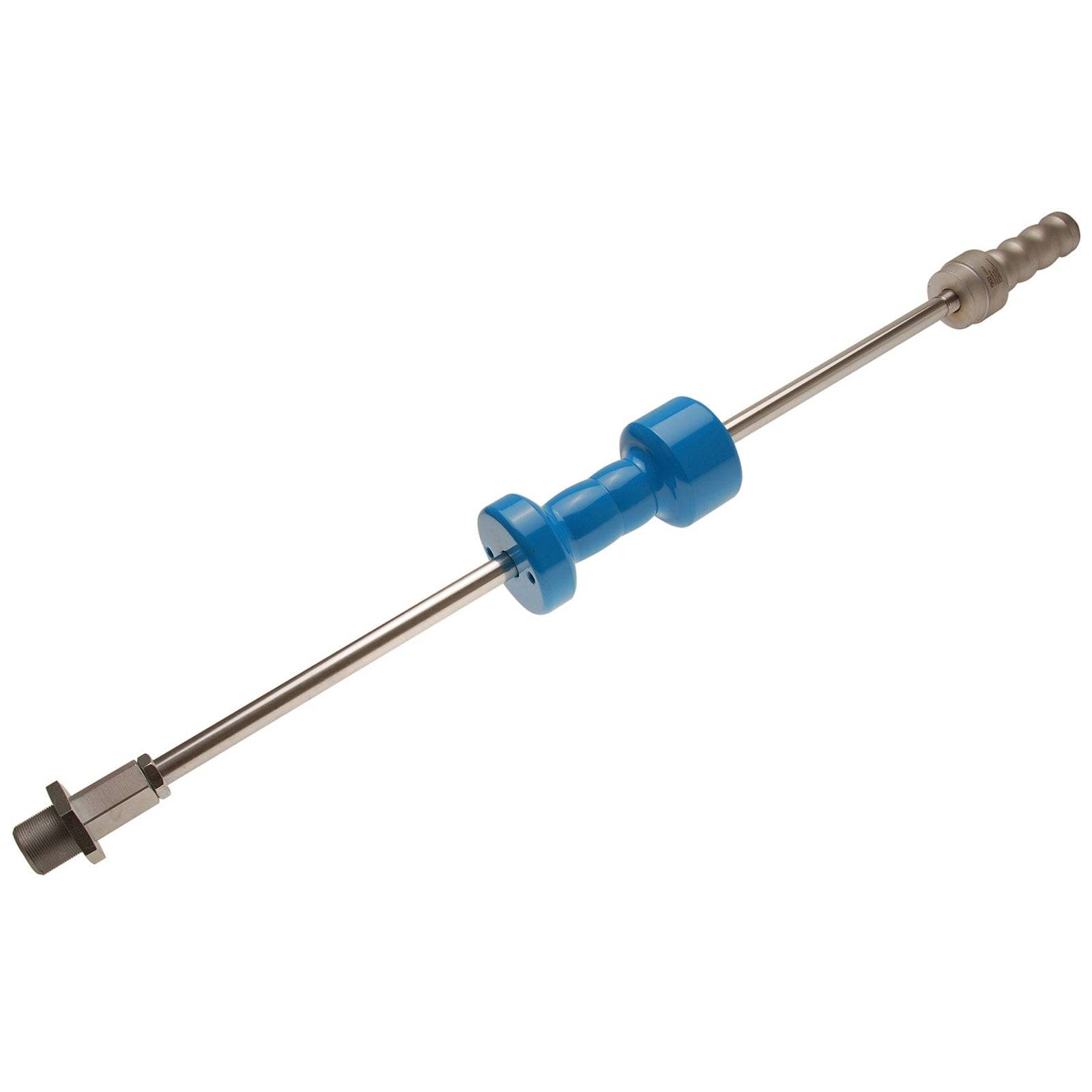 Eine blaue axiale Pumpenachse mit einem zentralen Rotor und Metallverbindern an beiden Enden, verwendet in Fluidmaschinen.