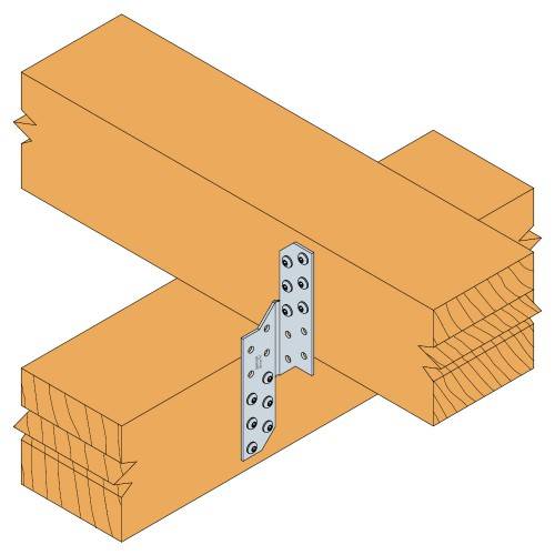 Diagramm zweier sich kreuzender Holzbalken, die mit Metallverbindungsplatten und Schrauben verbunden sind und eine Holzstrukturverbindung zeigen.
