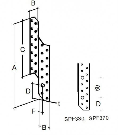 Technische Zeichnung eines gelochten Metallverbinders, der beschriftete Abmessungen A, B, C, D, F und Stärke t zeigt, mit einer kleinen Detailansicht mit den Bezeichnungen SPF330 und SPF370.