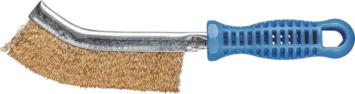 Eine blaue Drahtbürste mit dichten metallischen Borsten, ideal zum Reinigen oder Polieren von Oberflächen.