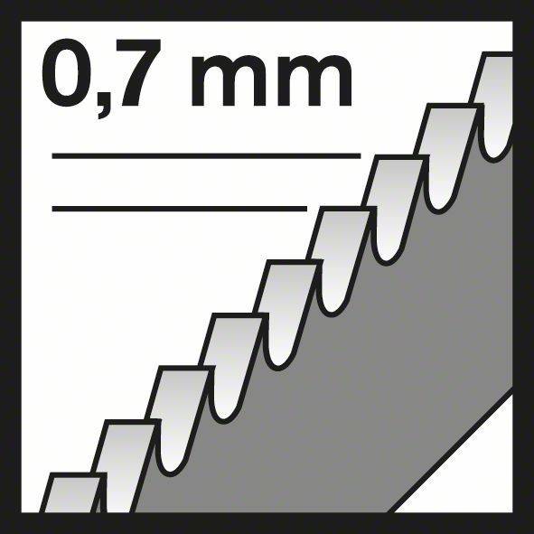 Diagramm, das ein gestuftes Muster mit abwechselnd hellgrauen und dunkelgrauen Stufen zeigt, beschriftet mit '0,7 mm', das eine Maßreferenz veranschaulicht.
