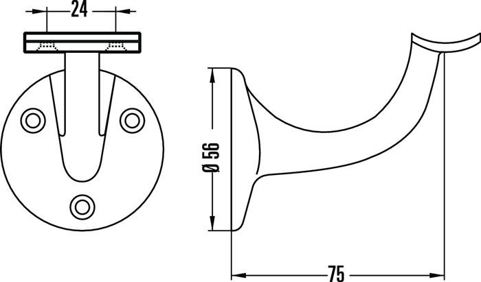 Diagramm eines Türgriffs mit Maßangaben: 56 mm Durchmesser, 75 mm Gesamtlänge, mit einer Seitenansicht seiner Form und Montageplatte.