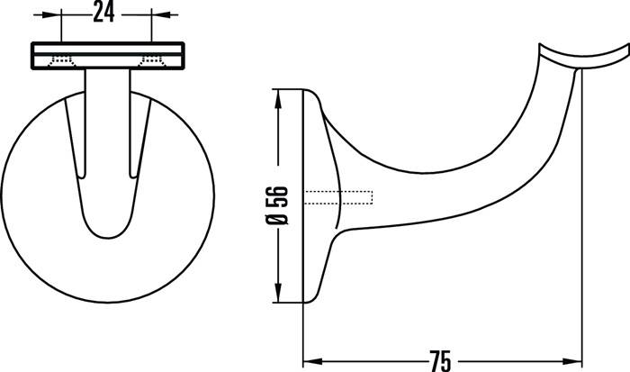 Technische Zeichnung zur Darstellung der Abmessungen eines wandmontierten Haken. Der Hakenfuß hat einen Durchmesser von 56 mm und ragt 75 mm nach außen.