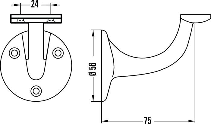 Technische Zeichnung eines wandmontierten kreisförmigen Objekts mit herausragendem Griff. Abmessungen: Durchmesser 56 mm, Länge 75 mm.