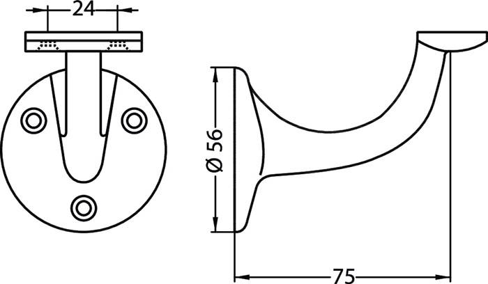 Technische Zeichnung einer wandmontierten Struktur mit Abmessungen: 56 mm Durchmesser und 75 mm Länge. Befestigungslöcher sind sichtbar.