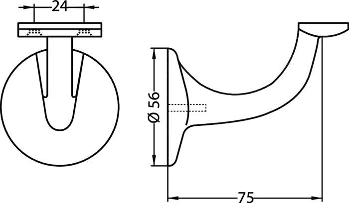 Eine technische Zeichnung eines runden Türgriffs in Seitenansicht. Durchmesser mit 56 mm beschriftet und Länge mit 75 mm, zeigt Maße und Form.