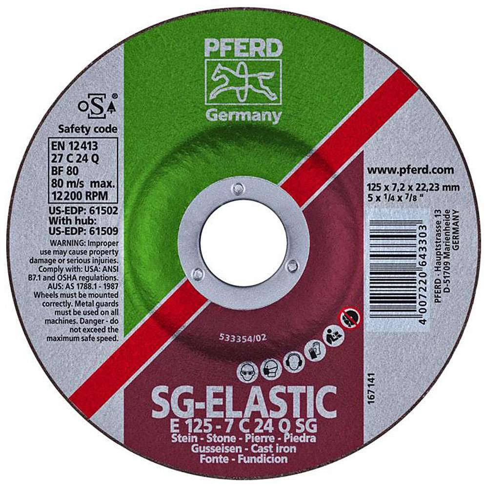 Schruppscheibe - PFERD - für Gusseisen/Stein - Härtegrad Q - Ø 125 mm - Bezeichnung E 125-7 C 24 Q SG/22,23 - Maße (D x U x H) 125 x 7,2 x 22,23