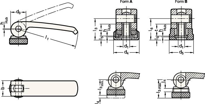 Technische Zeichnung einer Hebelklemme mit Seiten- und Draufsicht sowie Befestigungsformen A und B mit beschrifteten Abmessungen.