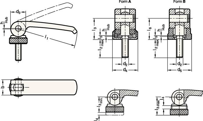 Technische Zeichnung einer Hebelsparrvorrichtung, die Seiten-, Draufsicht und Querschnittsansichten mit Montagemaßen für Form A und Form B zeigt.