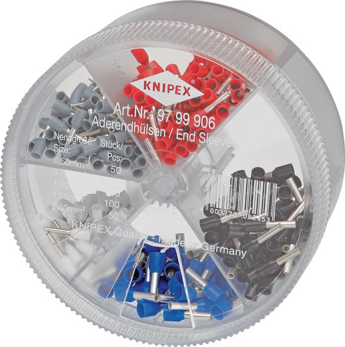 Rundbehälter mit sortierten roten, blauen, grauen und schwarzen Aderendhülsen. Marke: Knipex. Etikett enthält Artikelnummer und Spezifikationen.