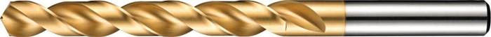 Ein Nahaufnahme einer goldenen, glänzenden metallischen Spirale, höchstwahrscheinlich ein Bohrer darstellend, mit einer glatten und reflektierenden Oberfläche.