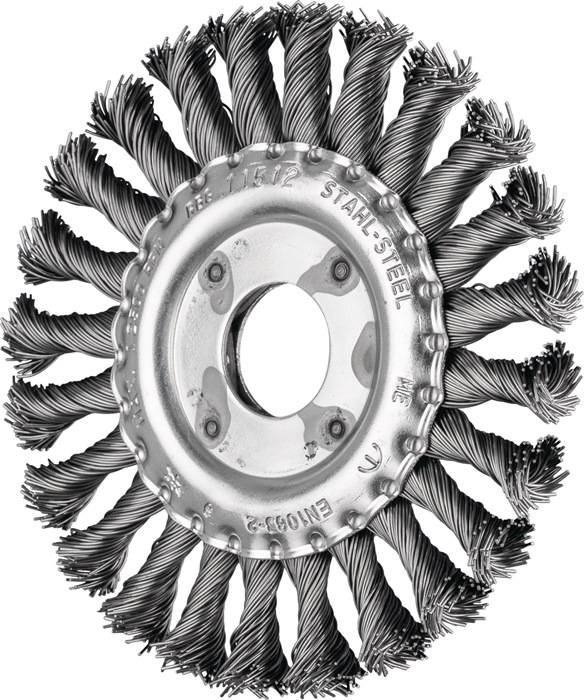 Ein runder Drahtbürste mit gedrehten Borsten, verwendet zum Reinigen oder Polieren von Oberflächen. Zentraler Metallnabe zeigt den Text 'STAHL-STEELE'.