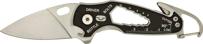 Ein Multitool mit einem sternförmigen Schraubendreher, Flaschenöffner und Schraubenschlüssel mit den Beschriftungen 'TREIBER', 'FLASCHE' und 'SCHRAUBEN'.