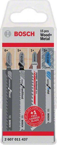 Sägeblatt-Pack mit vier verschiedenen Sägeblättern, beschriftet für Holz, Hartholz und Metall. Jedes Sägeblatt hat einen Mengenindikator: 6x, 5x, 1x, 3x.