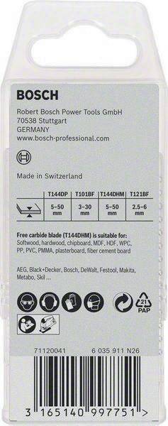 Verpackung von Bosch Professional Sägeblättern, Modelle T144DP, T1018BFP, T144DF und T121BF mit Materialverträglichkeitsangaben.