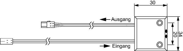 Diagramm einer Rohrsektion mit Pfeilen, die mit 'Aus' und 'Ein' beschriftet sind und die Fließrichtung anzeigen, getrennt durch ein Symbol, das einen Bruch darstellt.