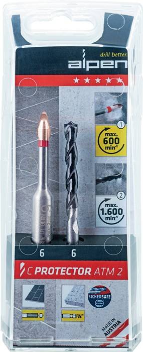 Ein Set aus zwei Bohrern in Verpackung. Der linke Bohrer hat eine Kupferspitze und der rechte einen gedrehten Metalldesign, jeweils mit Verwendungsgeschwindigkeitsinformationen.