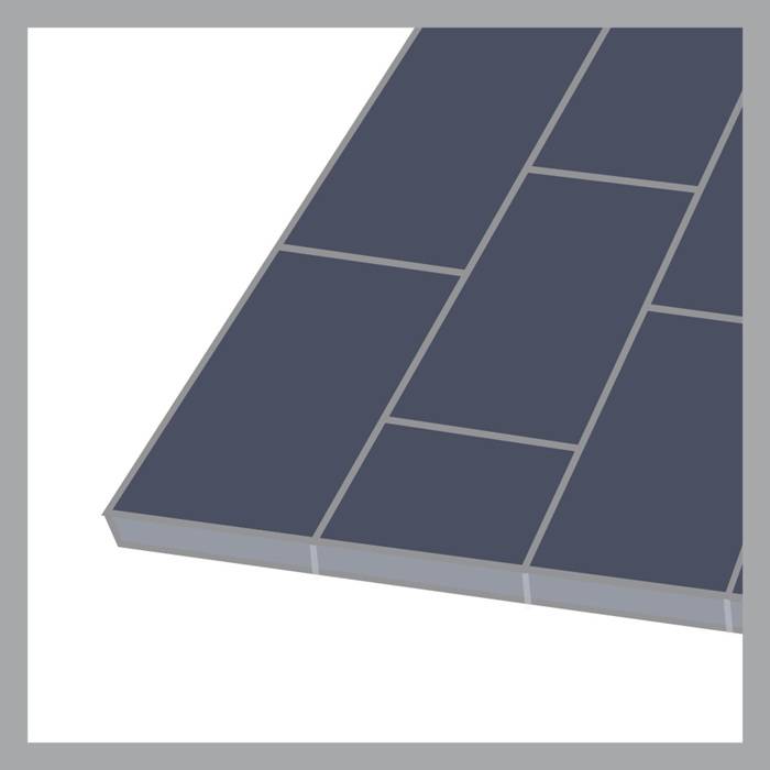 Eine graue rechteckige Keramikfliese mit einem Rastermuster aus kleineren rechteckigen Abschnitten, die ein modernes Design präsentiert.