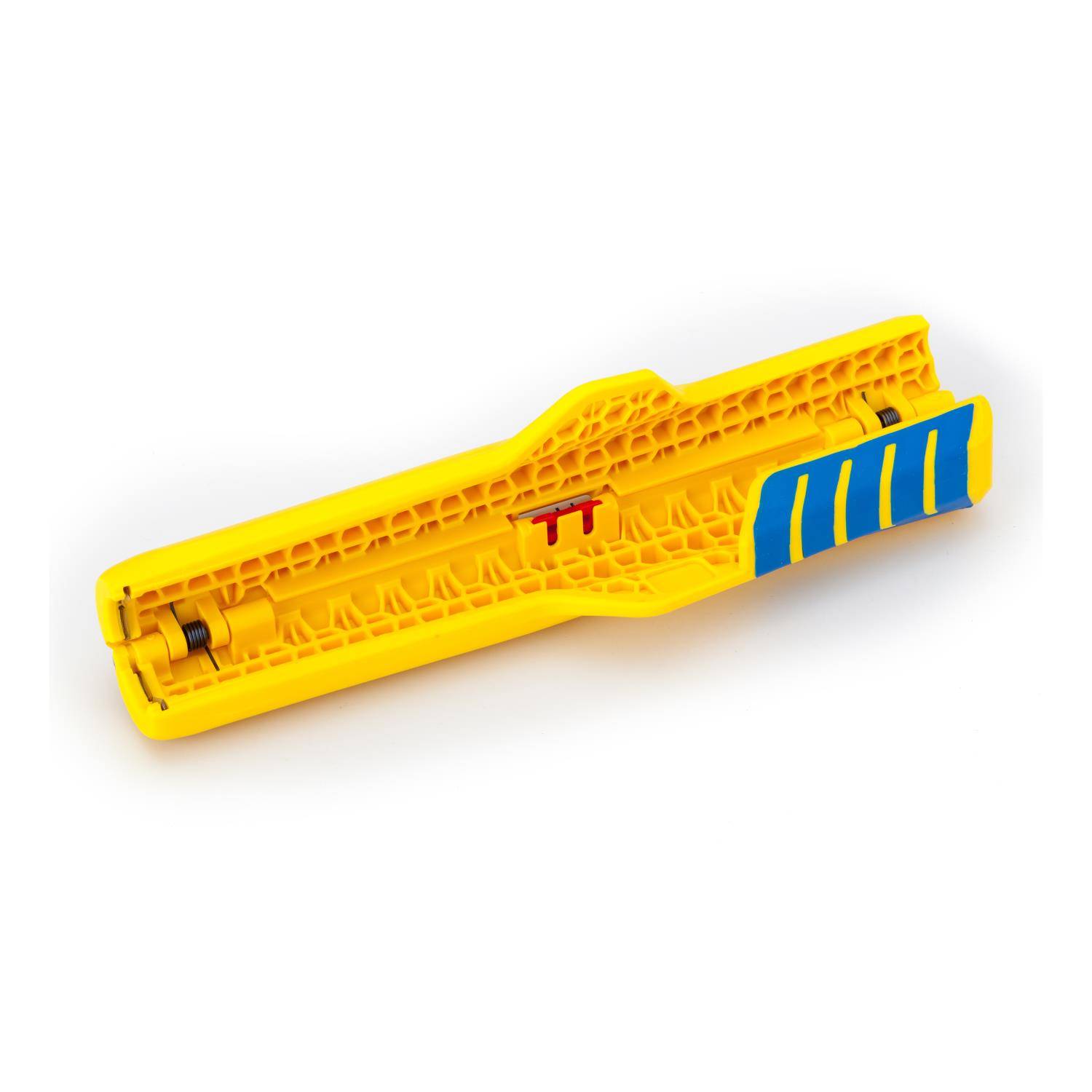 Eine gelbe Schutzhülle für Cuttermesser mit blauen und roten Elementen, die sein Schutzdesign und seine Griffmerkmale zeigt.
