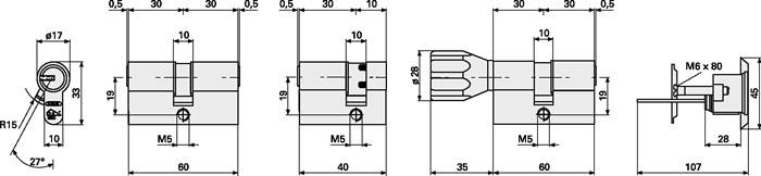 Eine technische Zeichnung eines zylindrischen mechanischen Bauteils mit beschrifteten Maßen, einschließlich 40 mm Länge, 35 mm Durchmesser und M5 Gewindegröße.